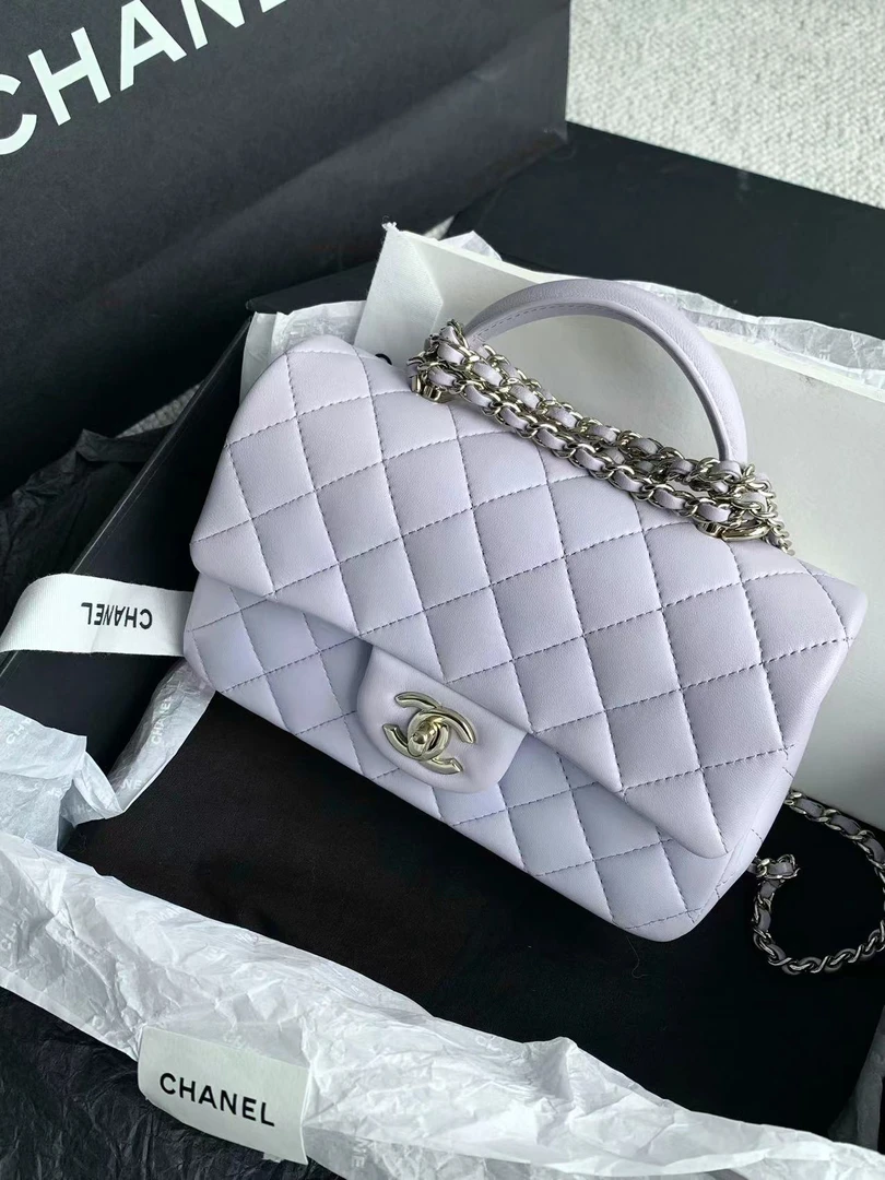 95新 Chanel/香奈儿 手柄CF大mini 香芋紫小羊皮包芯片 15496150