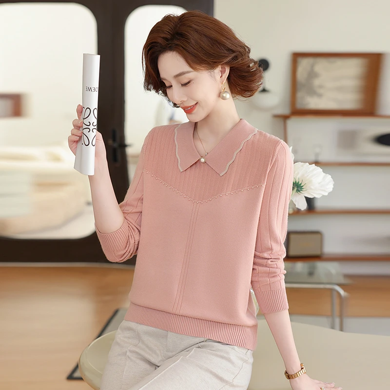 25新款妈妈装针织衫秋装翻领显瘦中老年女装小衫气质春秋长袖洋气