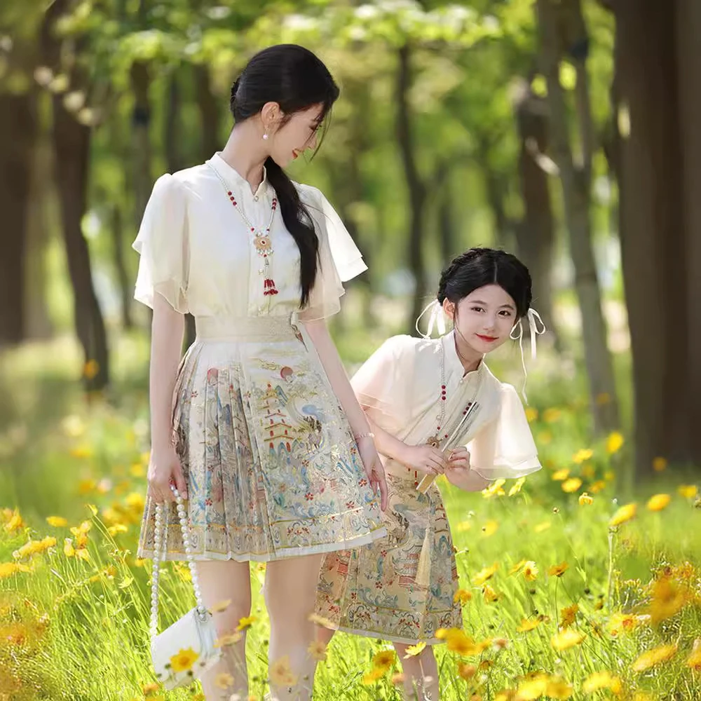 国风亲子马面裙套装2025夏季新款织金母女唐装女童短款半身裙汉服