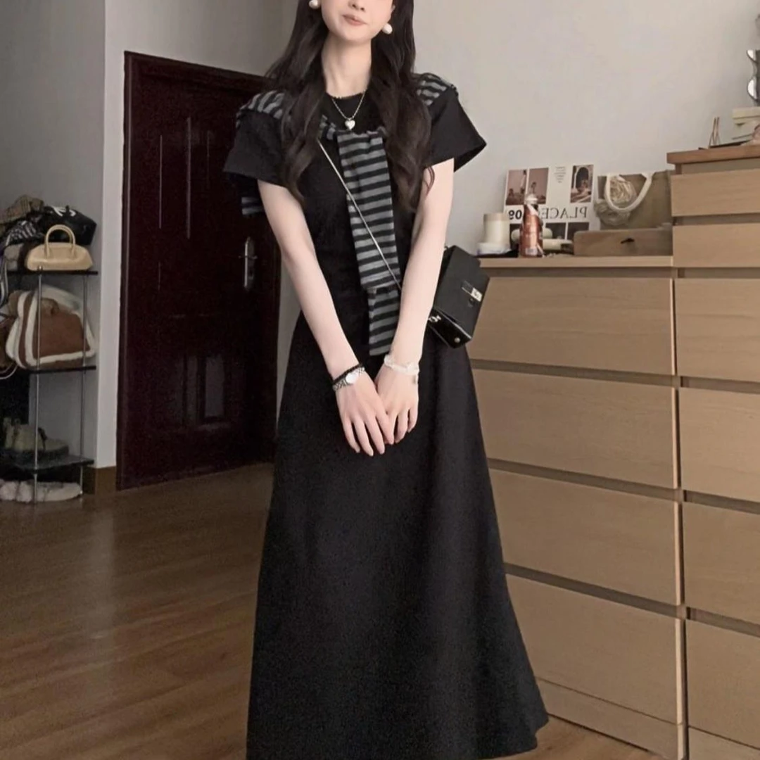 老钱风女装圆领连衣裙女2025新款夏季收腰显瘦梨形身材小个子休闲