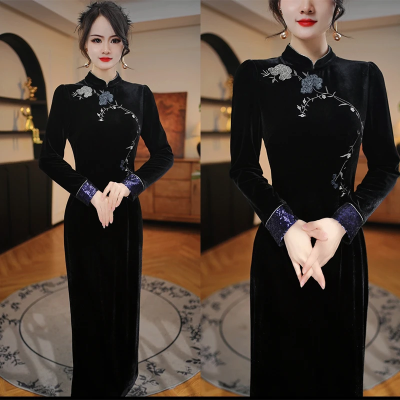 Z重工刺绣秋冬连衣裙2024年遮肚收腰显瘦气质大方丝绒轻奢打底裙