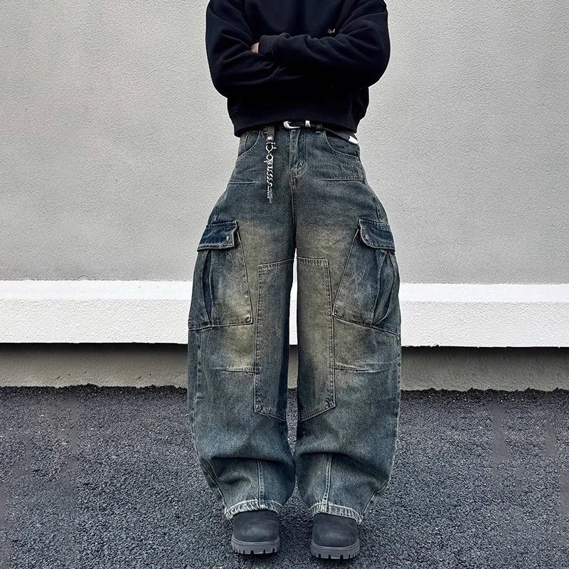 美式复古水洗做旧大口袋牛仔裤男女ins潮牌高街直筒阔腿休闲裤子