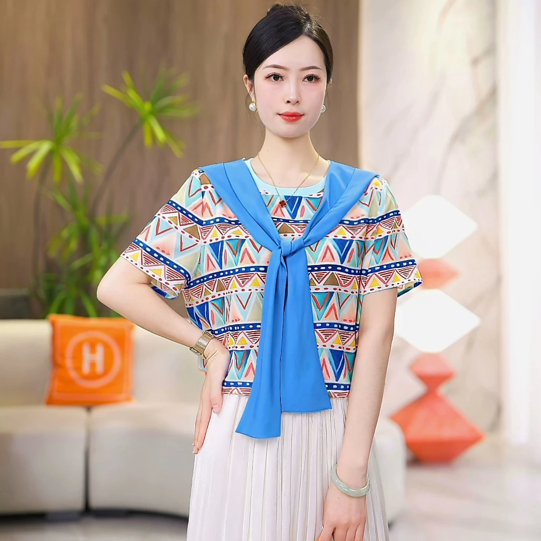 时尚气质圆领百搭2025夏款短袖显瘦宽松T恤上衣 送披肩