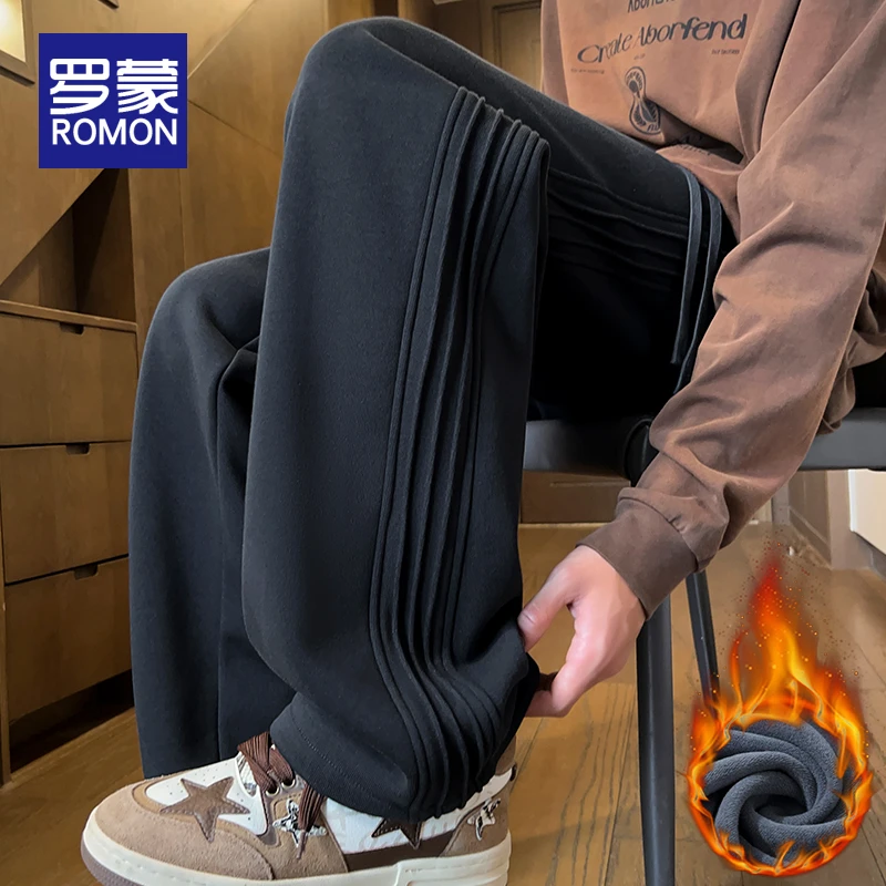 罗蒙男士休闲裤冬季加绒保暖潮流卫裤男秋冬宽松直筒阔腿长裤男款