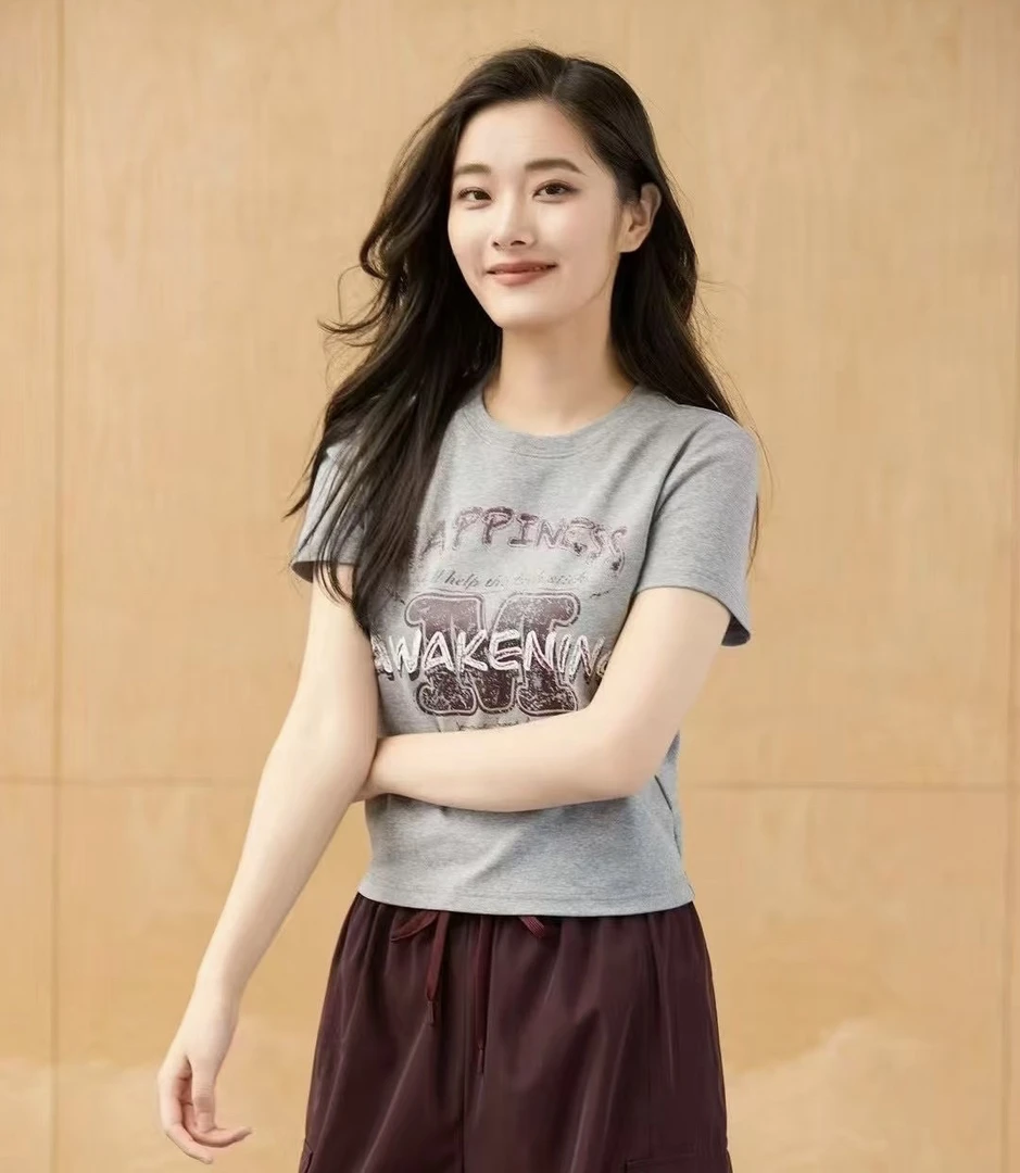 华家曼新款修身型字母通勤T恤运动常规灰色圆领