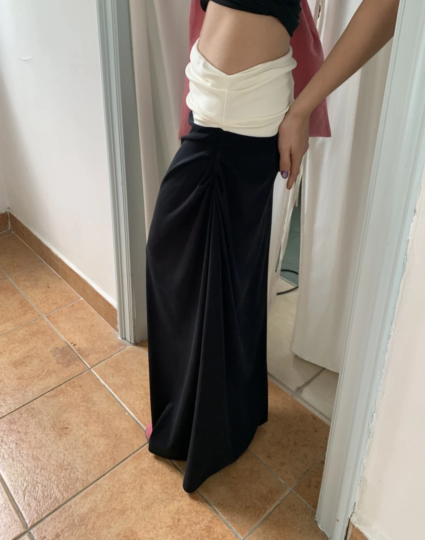 褶折莱赛尔拼色松紧半身裙#67361