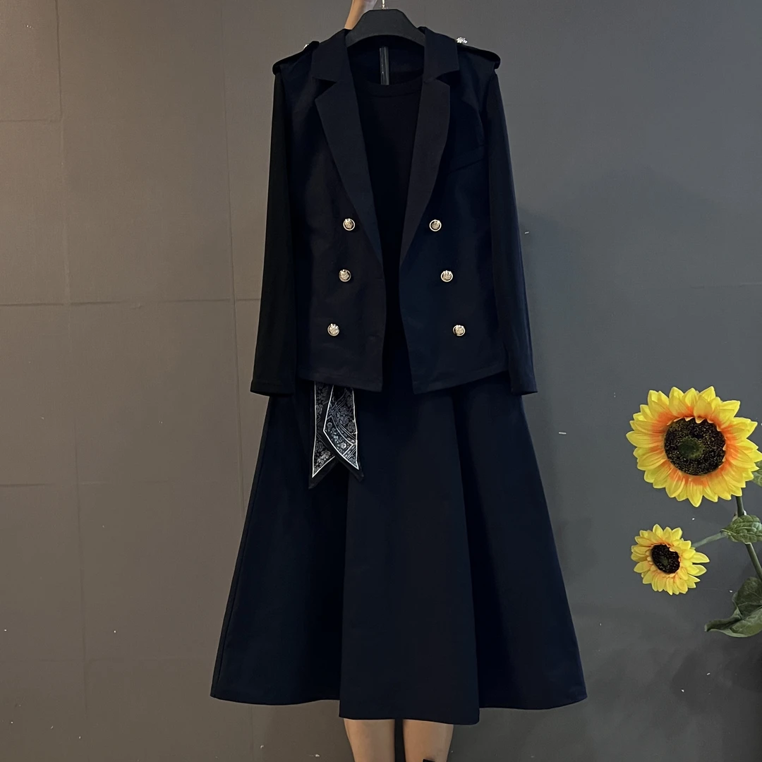 时尚欧货高品质洋气马甲➕T恤➕半身裙含丝巾三件套