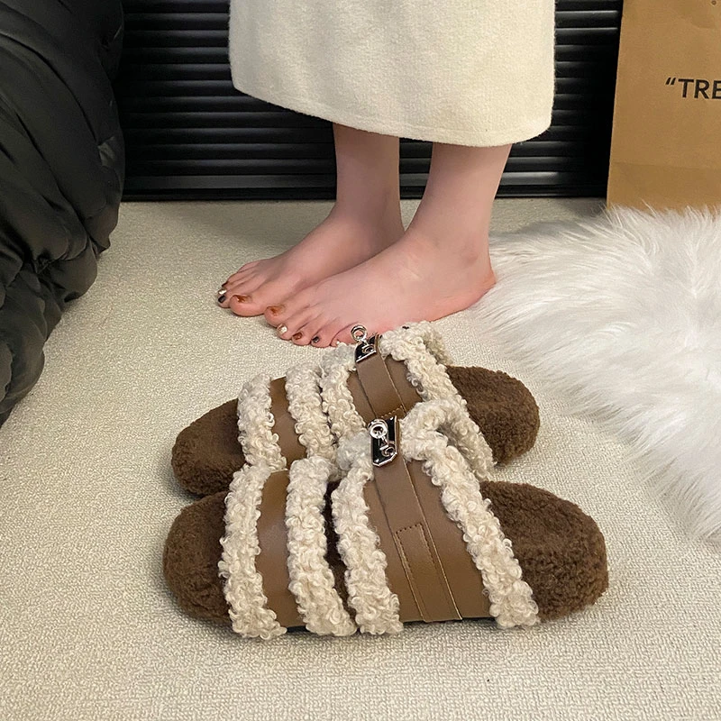 厚底欧货勃肯毛毛拖鞋女外穿2025新款秋冬巨好看加绒毛茸茸棉拖鞋