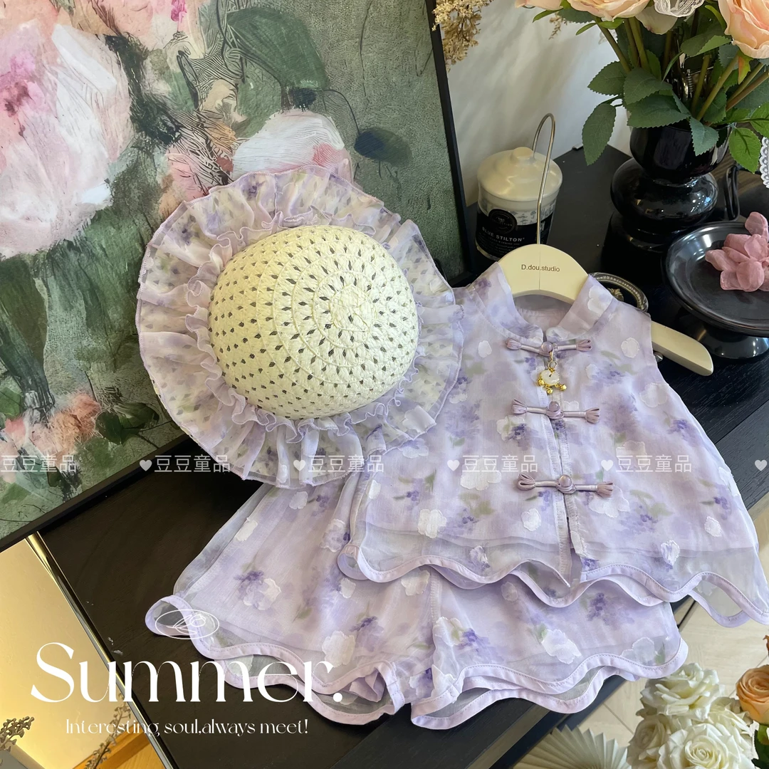 复古中国风女童套装夏装2025夏季新款薄款透气小童短袖短裤A257