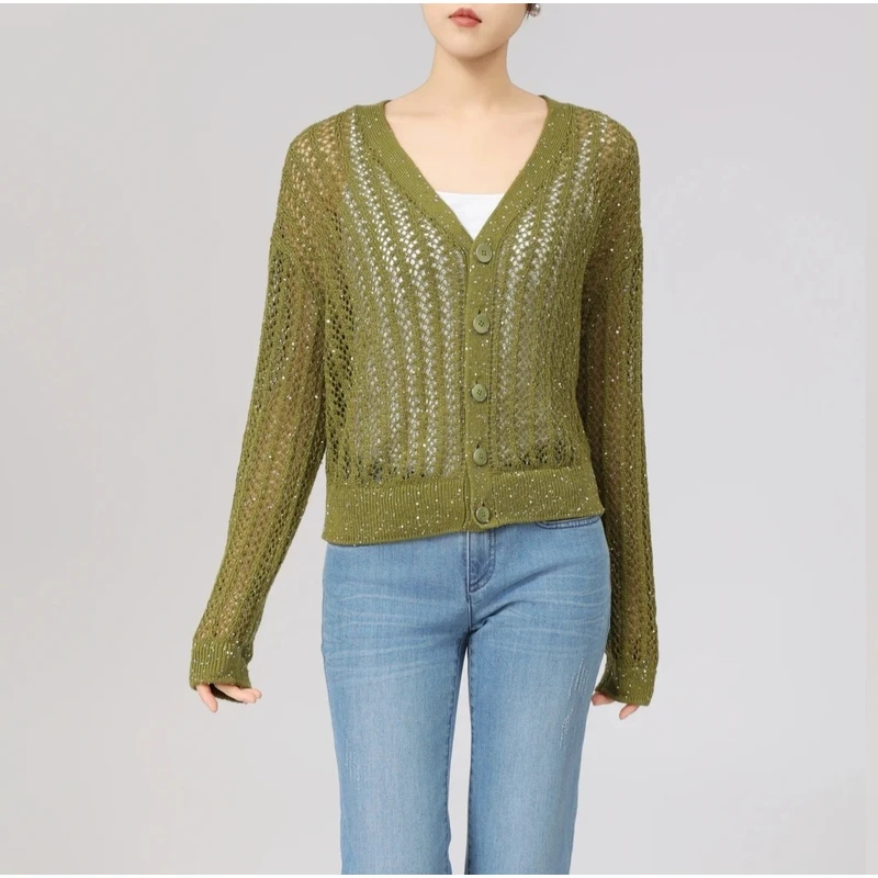 AMASS/阿玛施春夏时尚舒适镂空网编织银色亮片针织开衫5499257