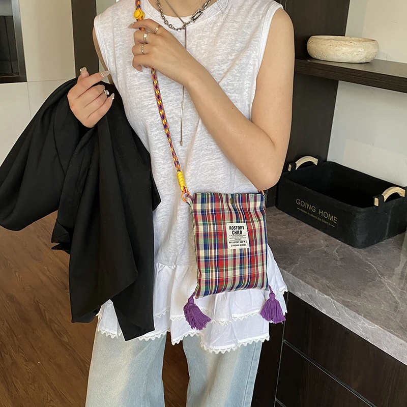 复古精致苏格兰格纹小众设计款手机包迷你包斜挎包流苏单肩包出行