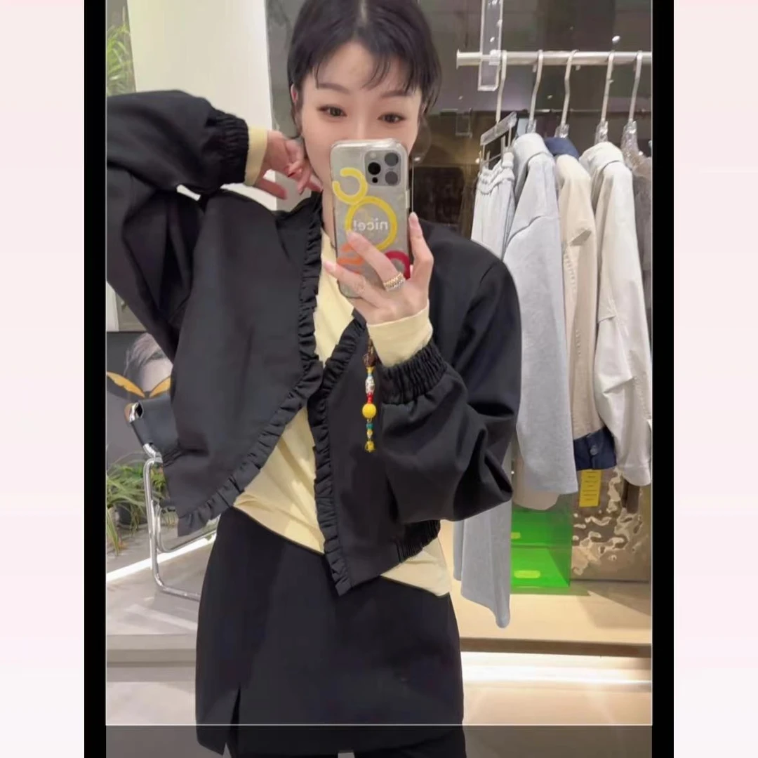 春苗女装   V领木耳边外套    春秋休闲百搭长袖外套