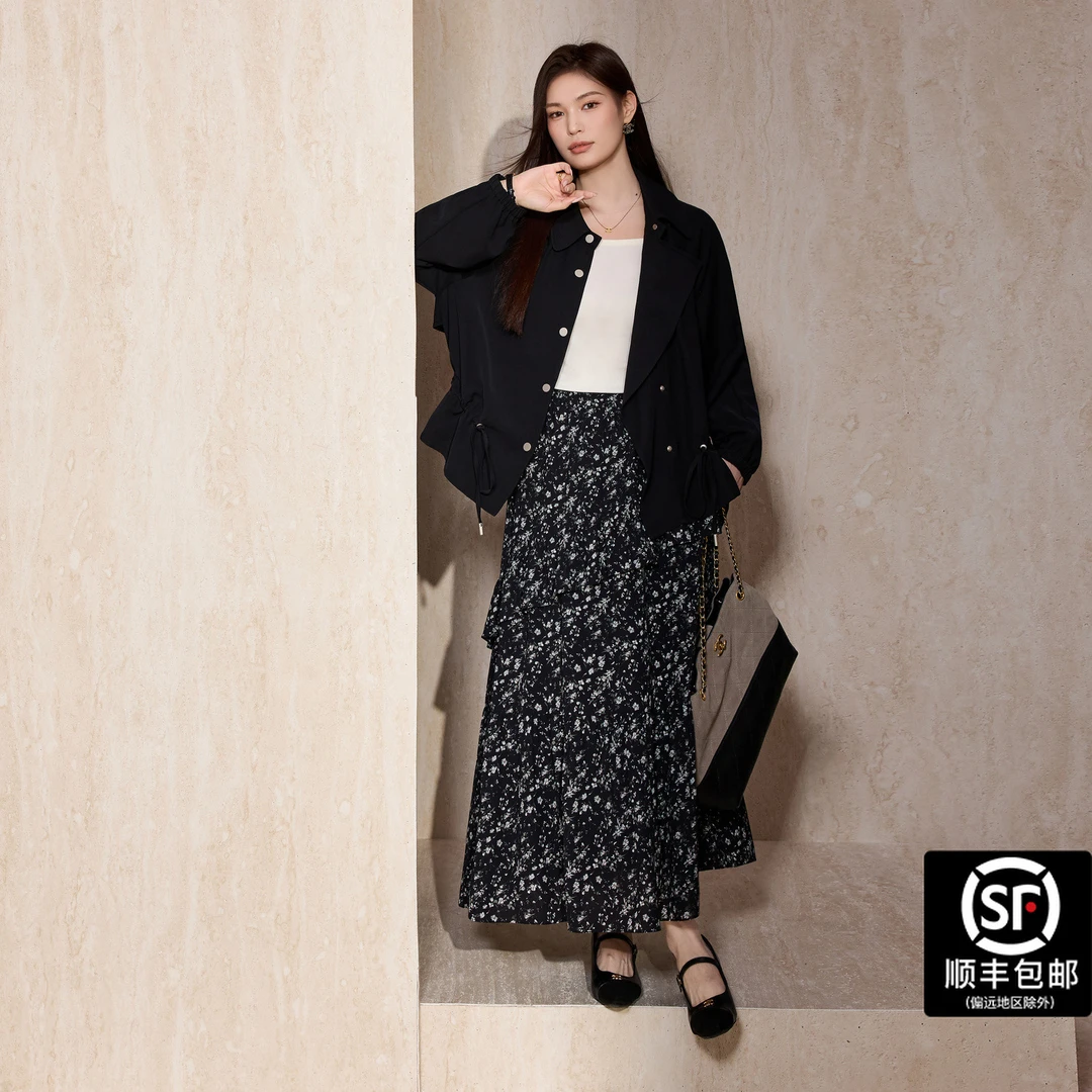 蓝语大码女装荷叶边设计黑色短款风衣薄外套2025秋新款半身裙套装