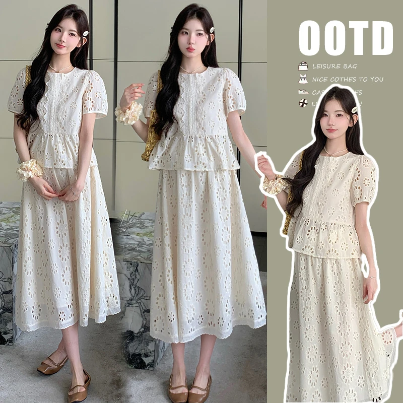 2025孕妇装夏装太阳花短袖镂空上衣+猪鼻扣半身裙两件套夏季时尚