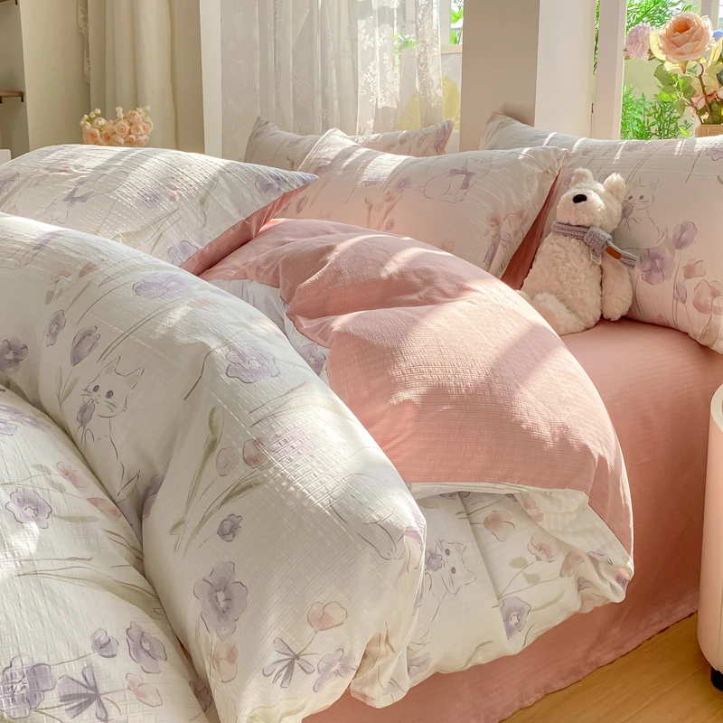 【花溪】有氧提花双层纱韩版碎花柔软透气四件套床单