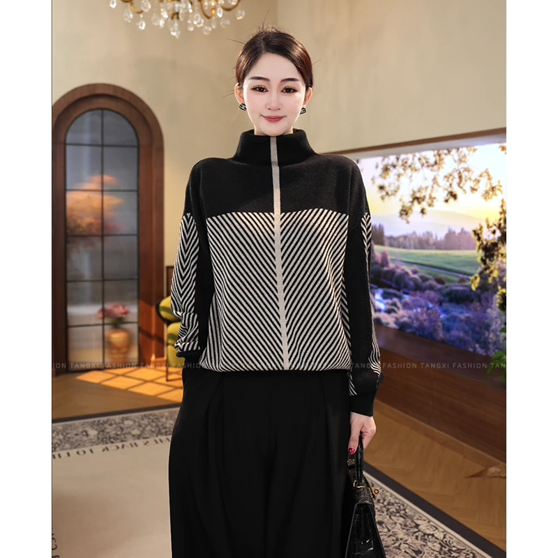 唐熹预售2025秋冬季新款【6698】含绵羊毛黑色高领打底针织衫毛衣女