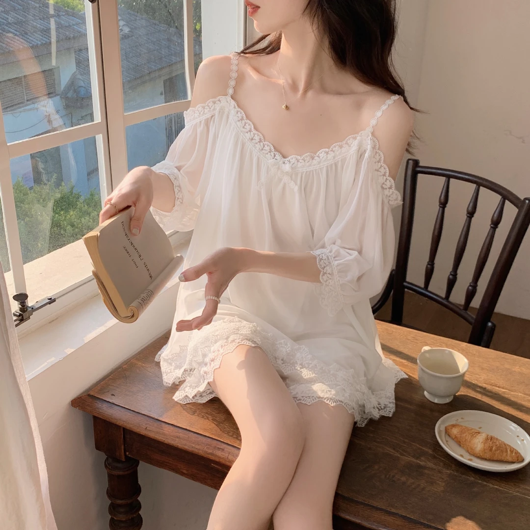 网红新款夏季公主风带胸垫居家服套装白色吊带睡衣宽松甜美御姐风