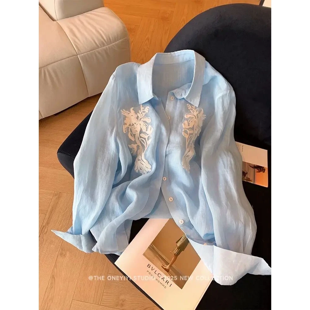 老钱风浅蓝色花朵刺绣polo领衬衫2025夏季新款设计感小众气质上衣