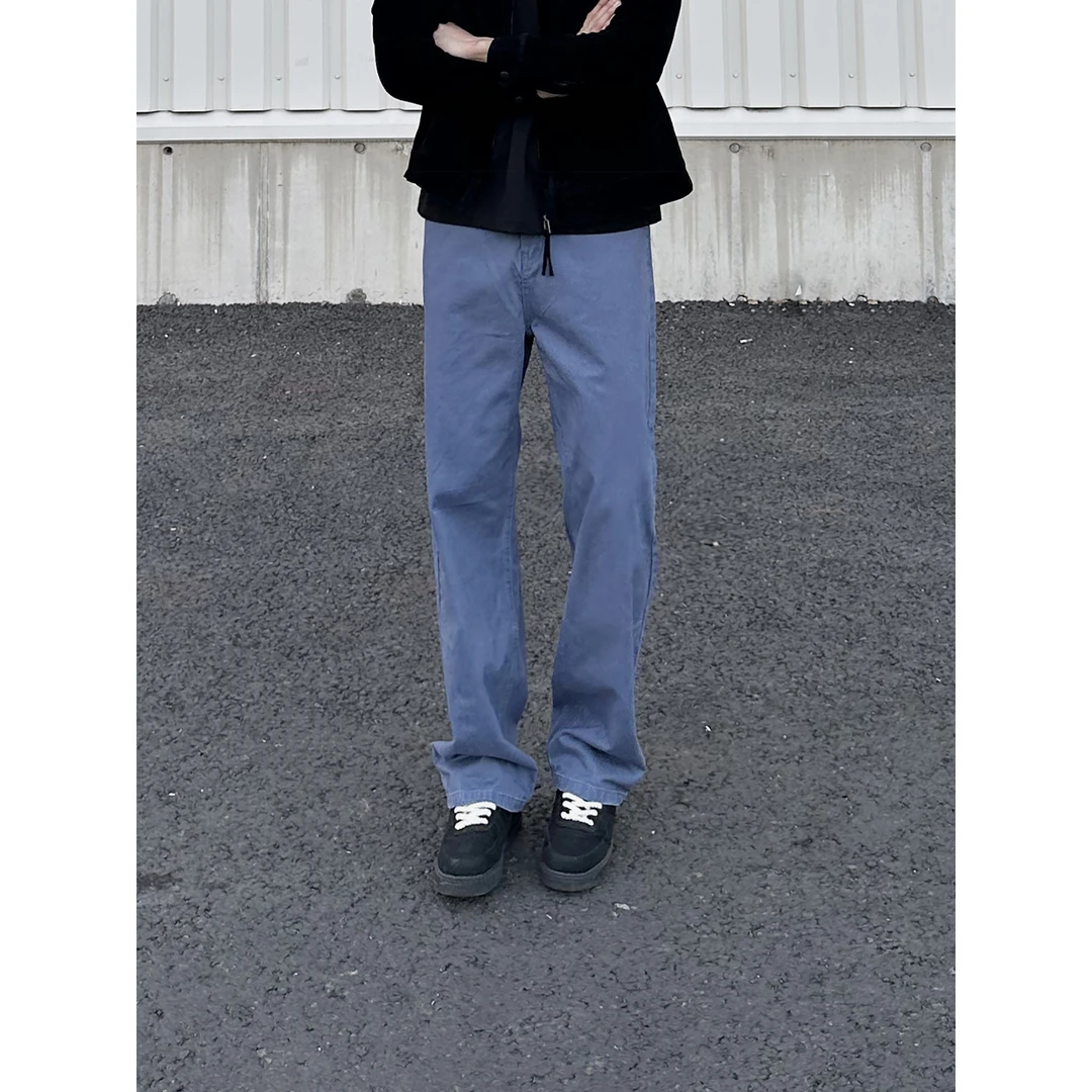 秋季阿苏特染美式水洗直筒裤半松紧腰法工蓝工装裤长裤男牛仔裤子