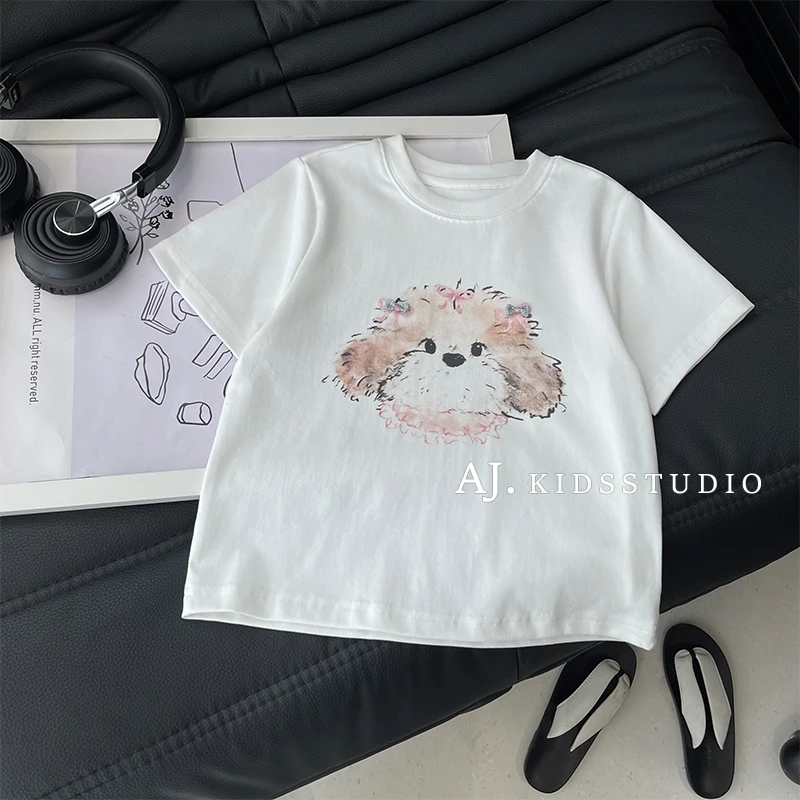 现【可爱修狗】阿卷女童卡通小狗印花立体蝴蝶结短袖T恤MPG6146
