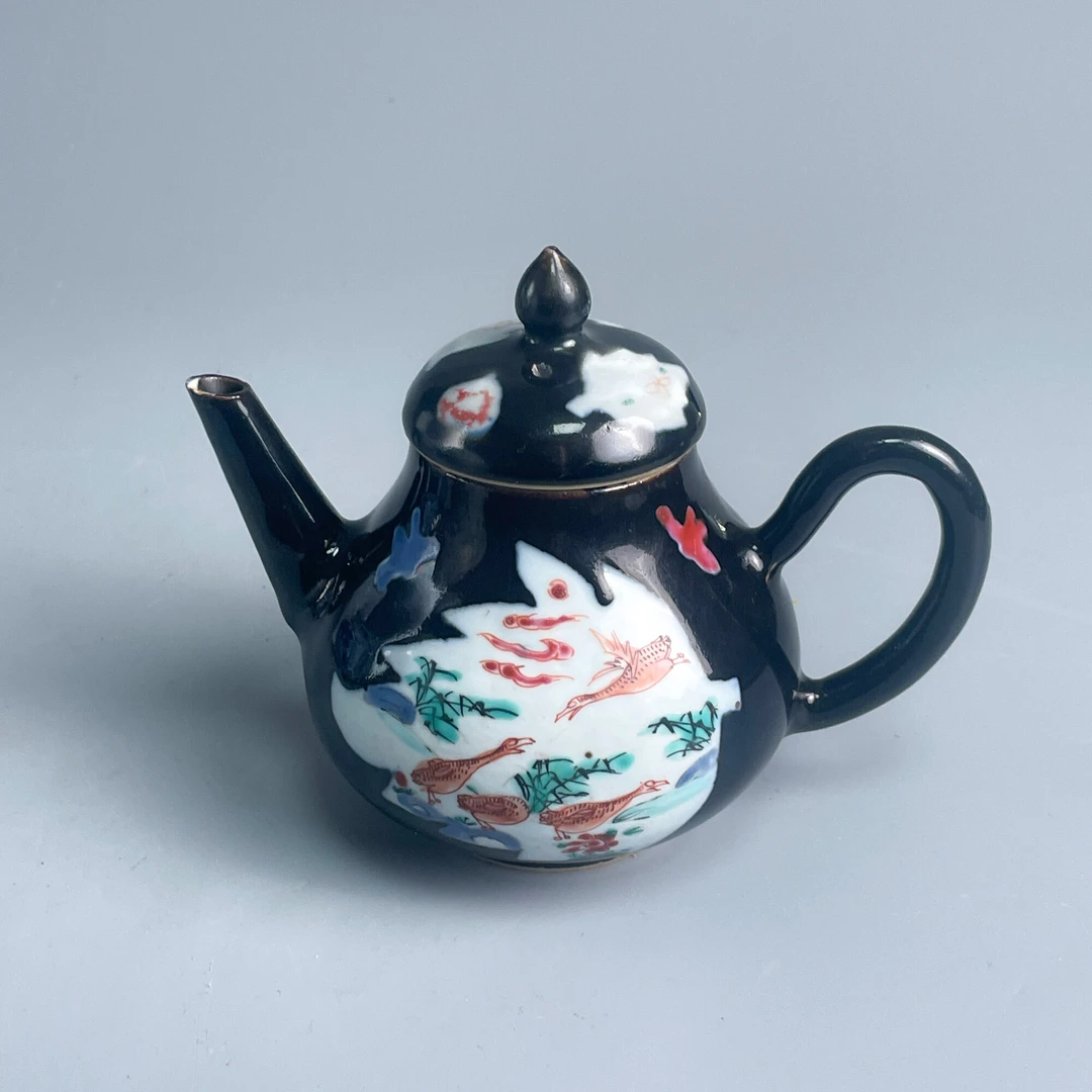 瓷器/古董乾隆黑地粉彩开窗花卉纹执壶-M25BU000A69文物/绣花张