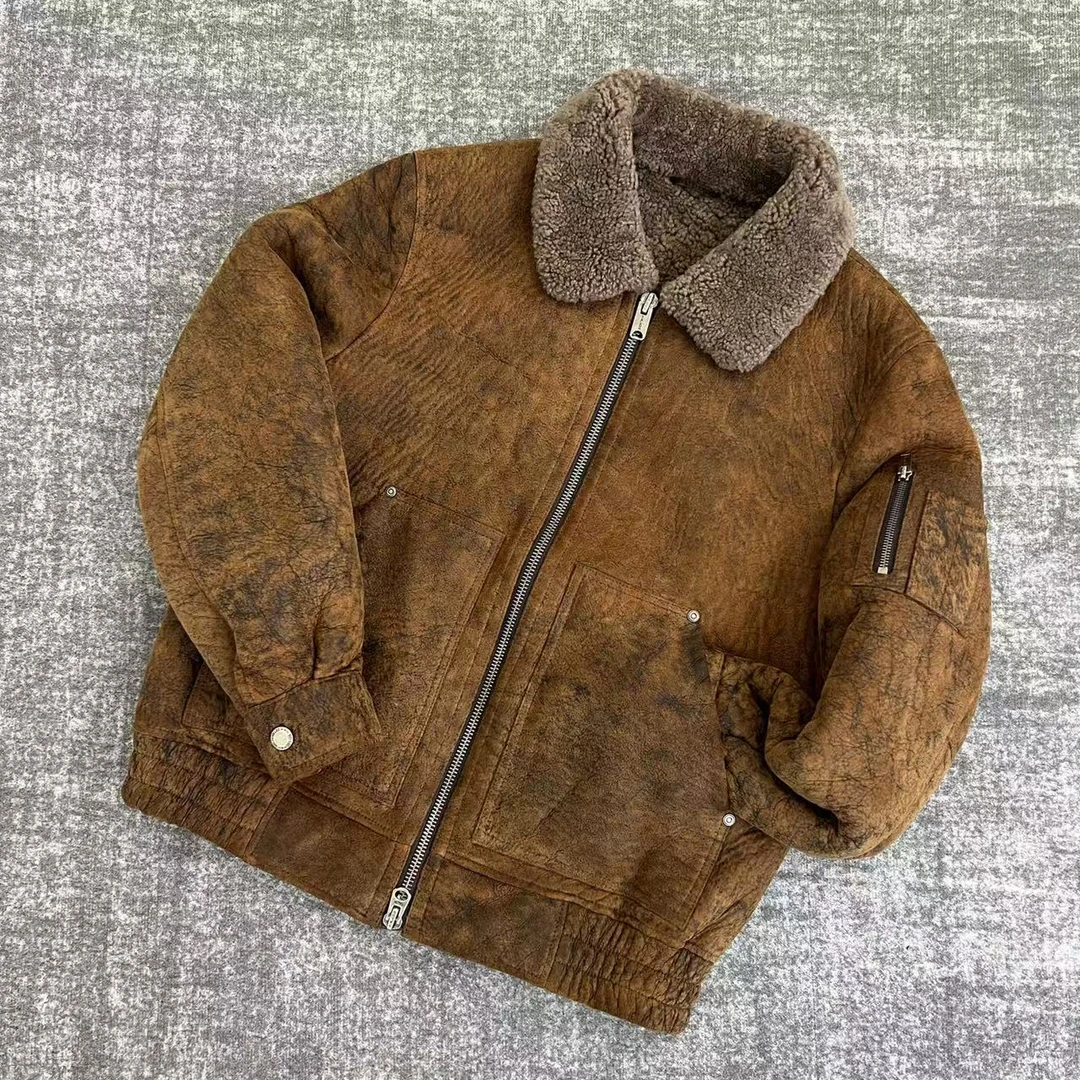 醇植浆染男款复古水洗做旧工艺保暖皮毛一体男款休闲夹克16765