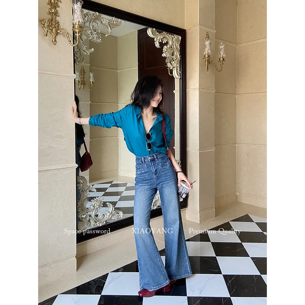 纹理高腰气质牛仔裤阔腿裤慵懒风极简风裤子蓝色89256