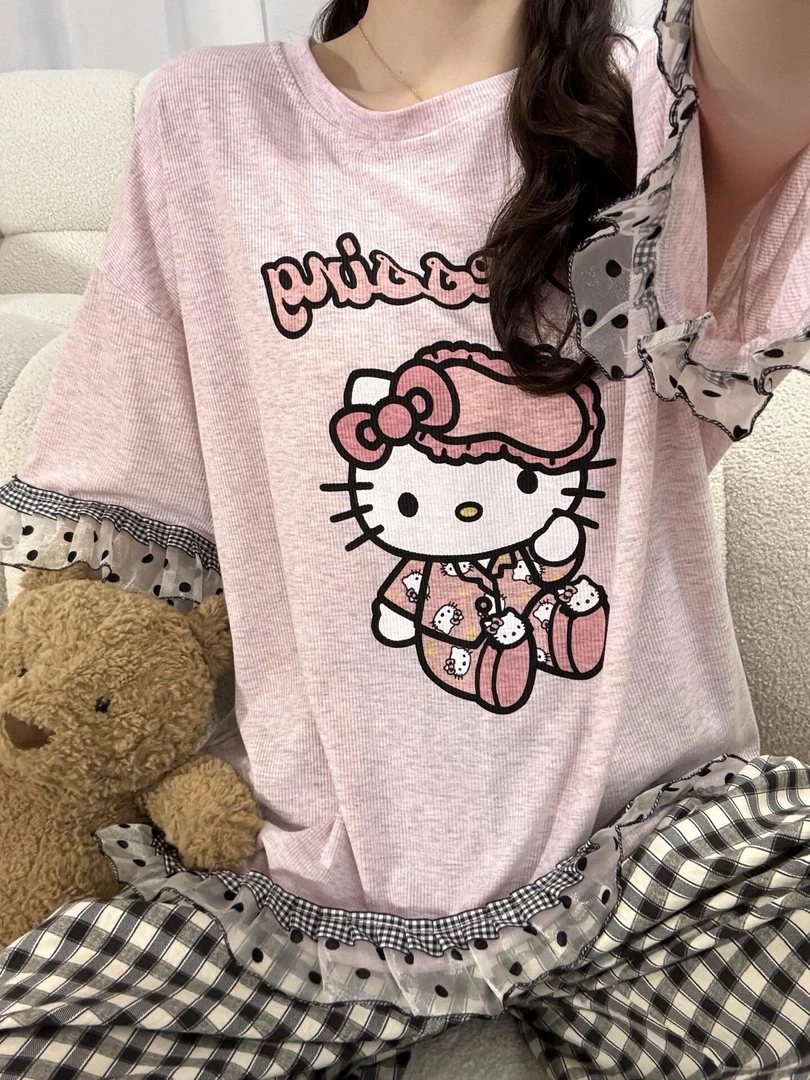 甜美风可爱少女卡通kitty蕾丝短袖睡衣女夏季新款长裤套装家居服