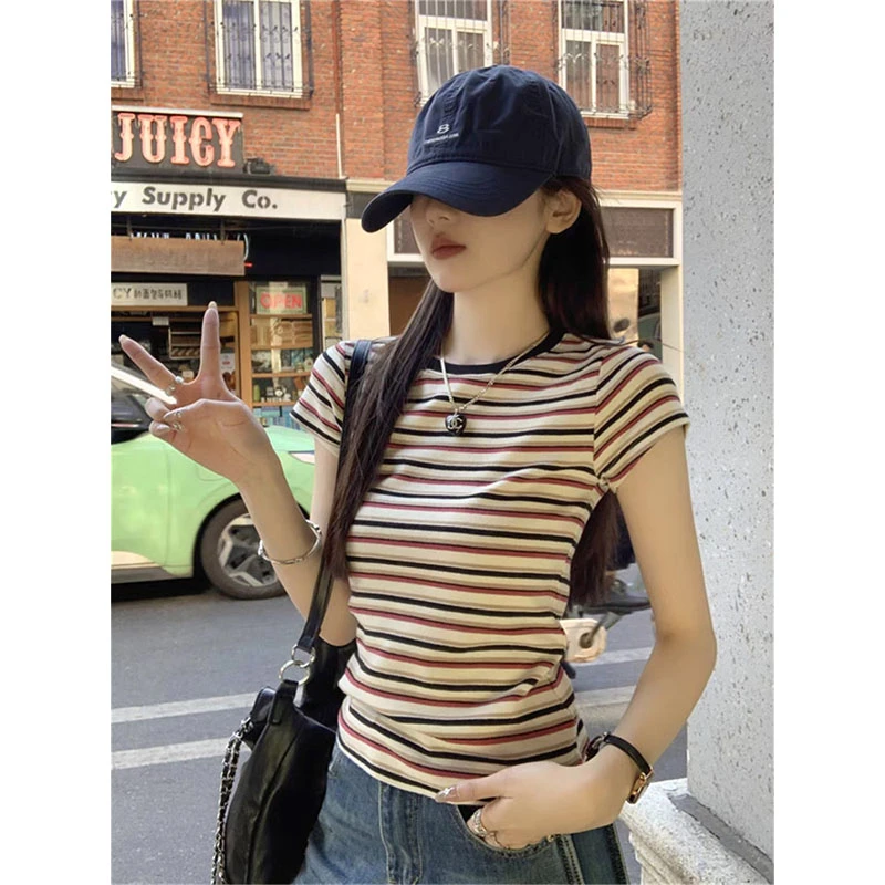 拼色条纹正肩基础款短袖t恤女小众设计感时尚洋气减龄上衣夏季新