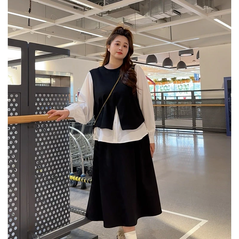 映晴大码女装早秋衬衫马甲假两件宽松遮肉半身裙子两件套装