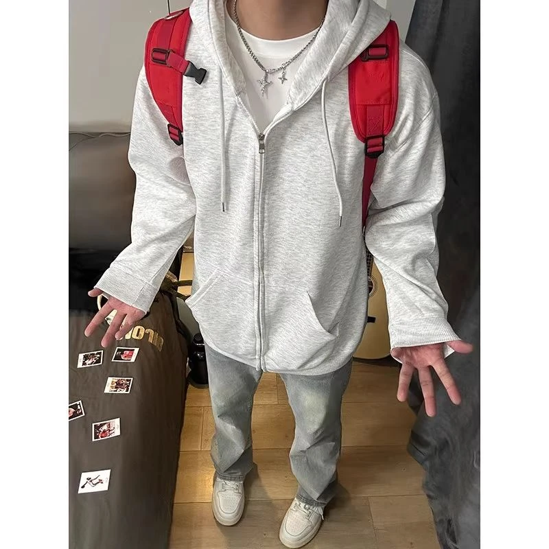 白灰色运动开衫连帽卫衣男款春秋重磅高级感即墨美式cleanfit外套
