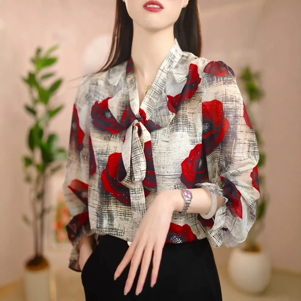 馥郁玫瑰飘带衬衫女夏款气质上衣C时尚百搭新款休闲薄款女士衬衣