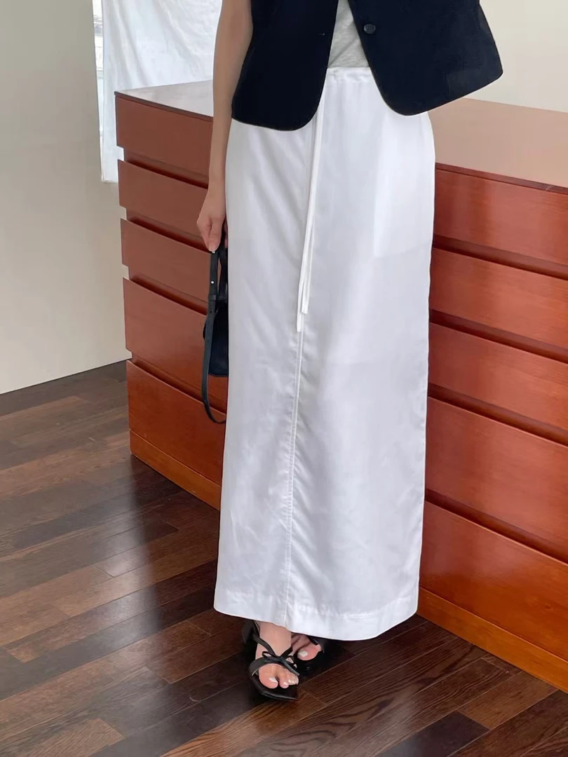 No退No换韩国东大门女装2025夏季系带抽绳腰长款设计感半身裙034c