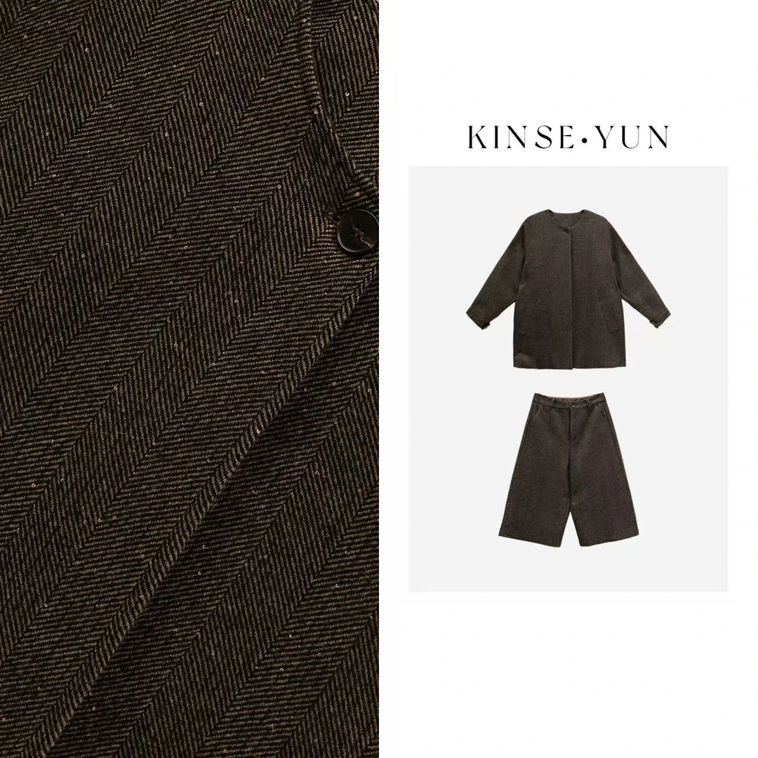 KINSE YUN『黑金套装』绵羊毛设计感亮片外套阔腿直筒七分裤QD72266