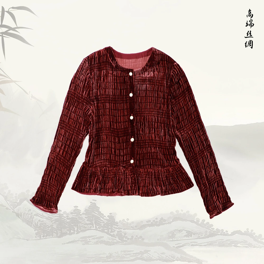 新款桑蚕丝排扣圆领气质押褶丝绒显瘦上衣外套529320