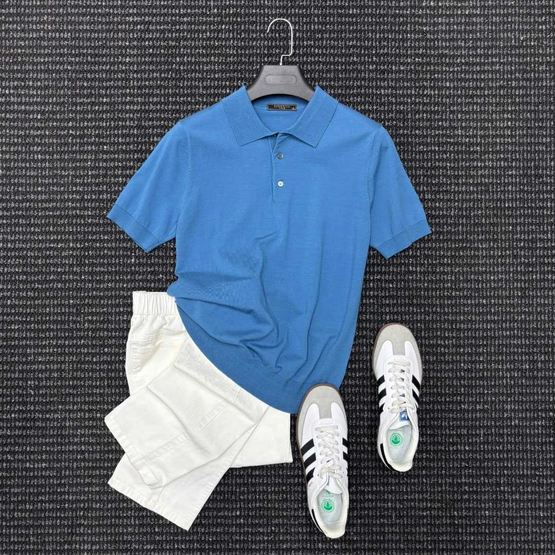 夏季新款男士翻领针织POLO衫休闲上衣百搭冰丝透气短袖蓝色T恤男