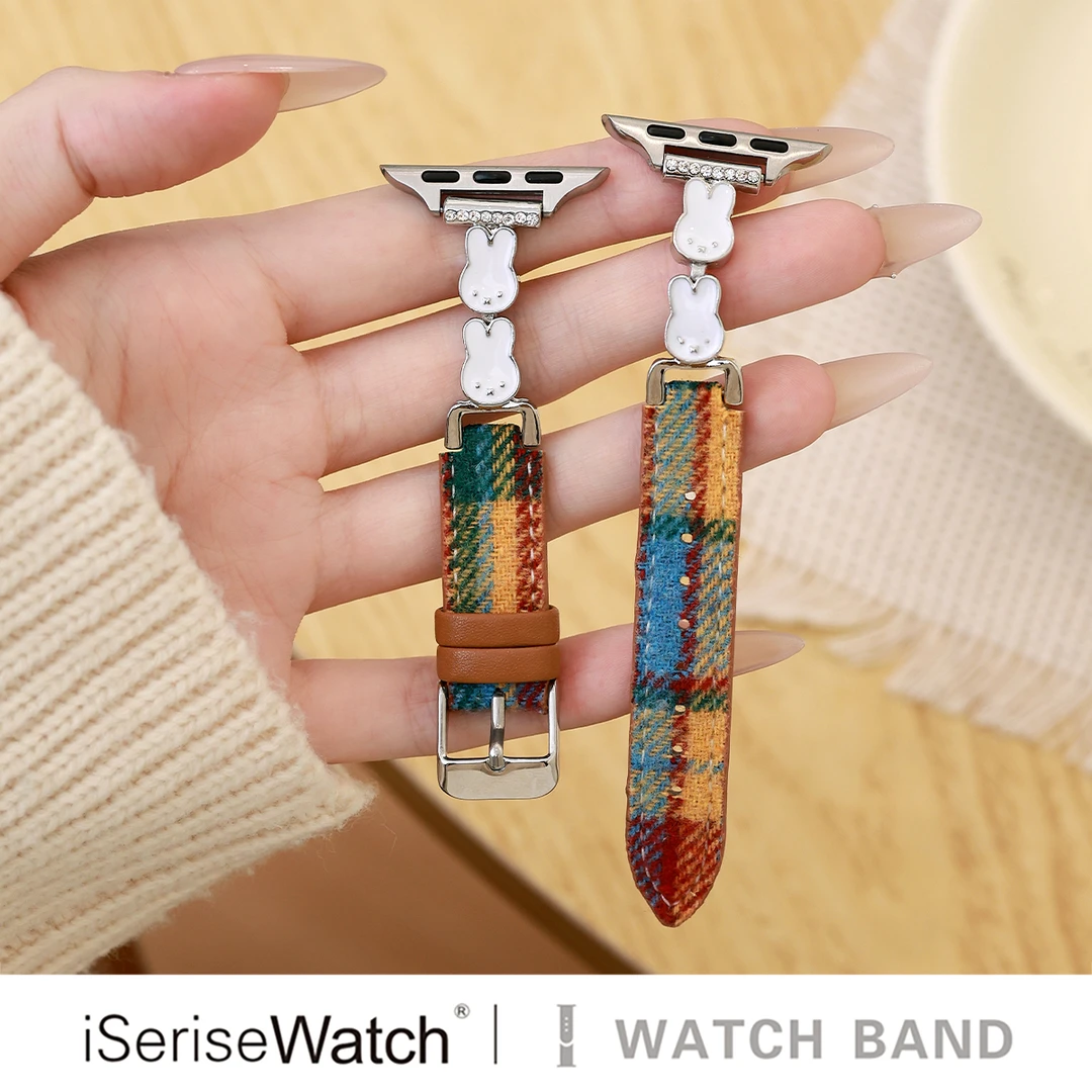 iserisewatch适用苹果手表s11applewatchs10表带彩色格纹拼皮可爱