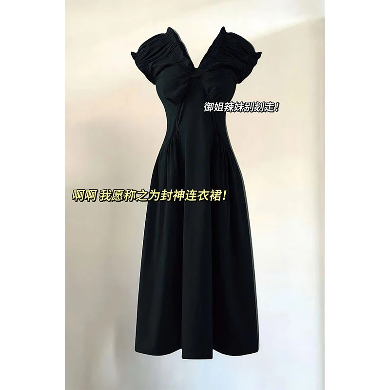 法式复古赫本风V领长裙女2025夏季大码胖mm气质显瘦收腰连衣裙子