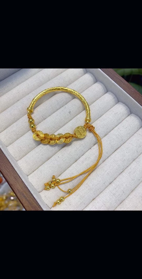 铜合金手镯 铢贮高奢五帝币五路财神吉言半镯编织金色饰品可调节