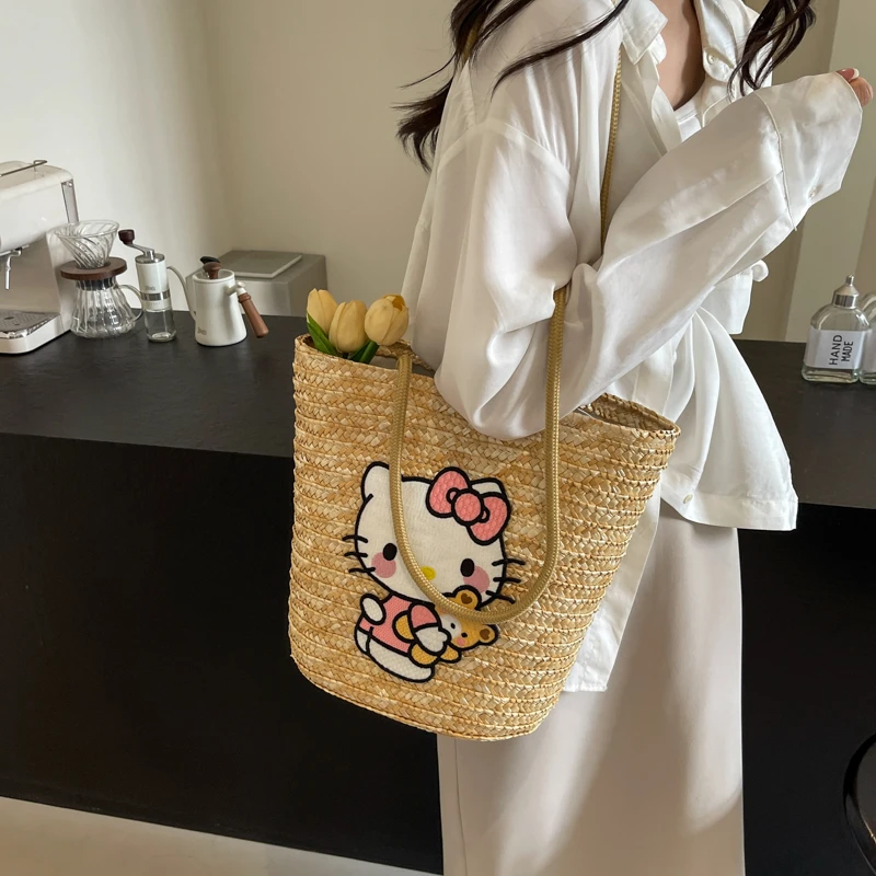 新款原创Kitty猫夏季大容量手工草编手提斜挎包单肩包托特包百搭