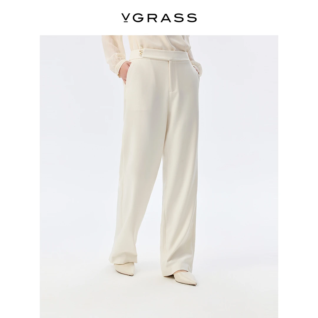 VGRASS仿玉石扣阔腿休闲裤秋季新款不对称腰头直筒裤VSK4P3528D