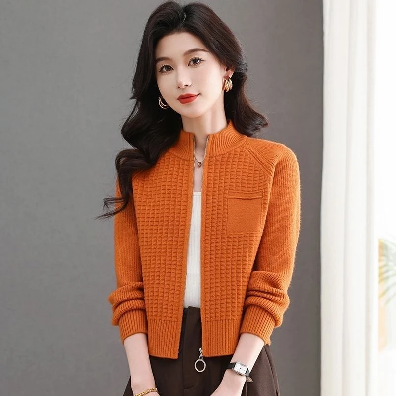 厂家直销 立领小个子拉链针织开衫春秋短款新款宽松毛衣外套洋气