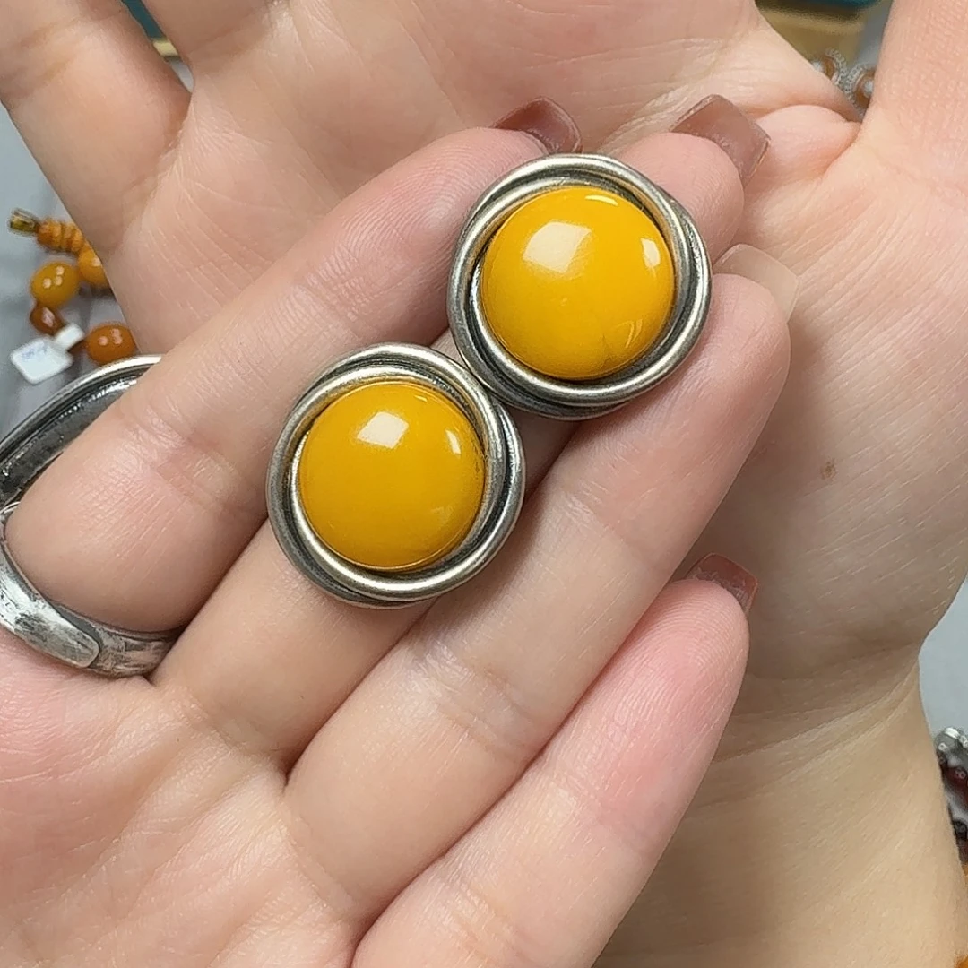 琥珀银S925镶嵌裸石耳钉16