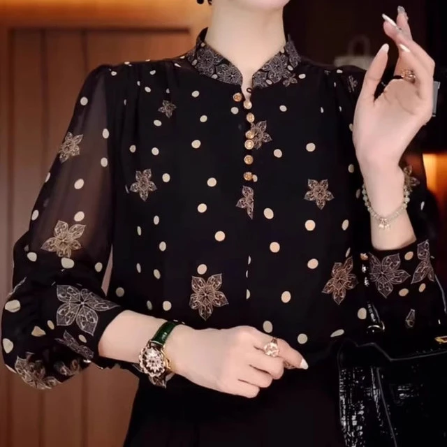 时尚波点印花立领衬衣女春夏新款宽松遮肉长袖洋气妈妈装薄款上衣