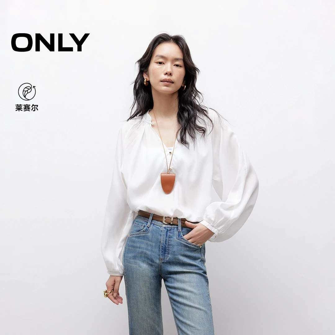 ONLY25秋季新款气质法式慵懒风宽松V领泡泡袖雪纺衫女|125151004