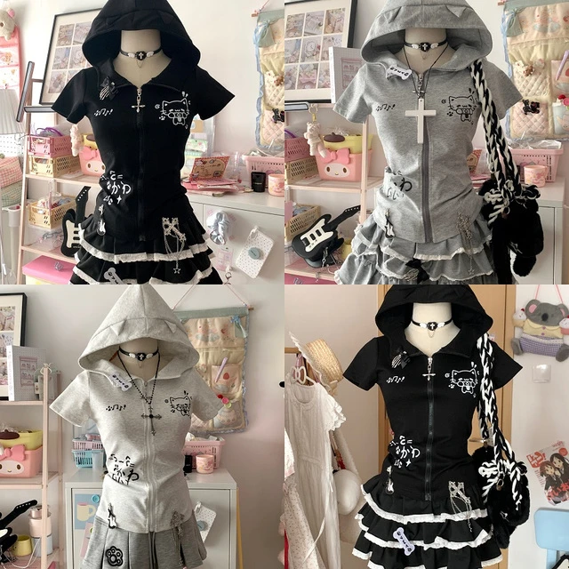 迷糊小熊自制日系可爱辣妹修身亚文化百搭猫耳朵连帽宅系短袖外套