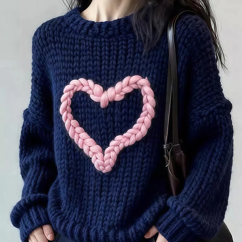 韩版通勤减龄休闲针织衫设计感温柔气质圆领套头长袖宽松针织衫女