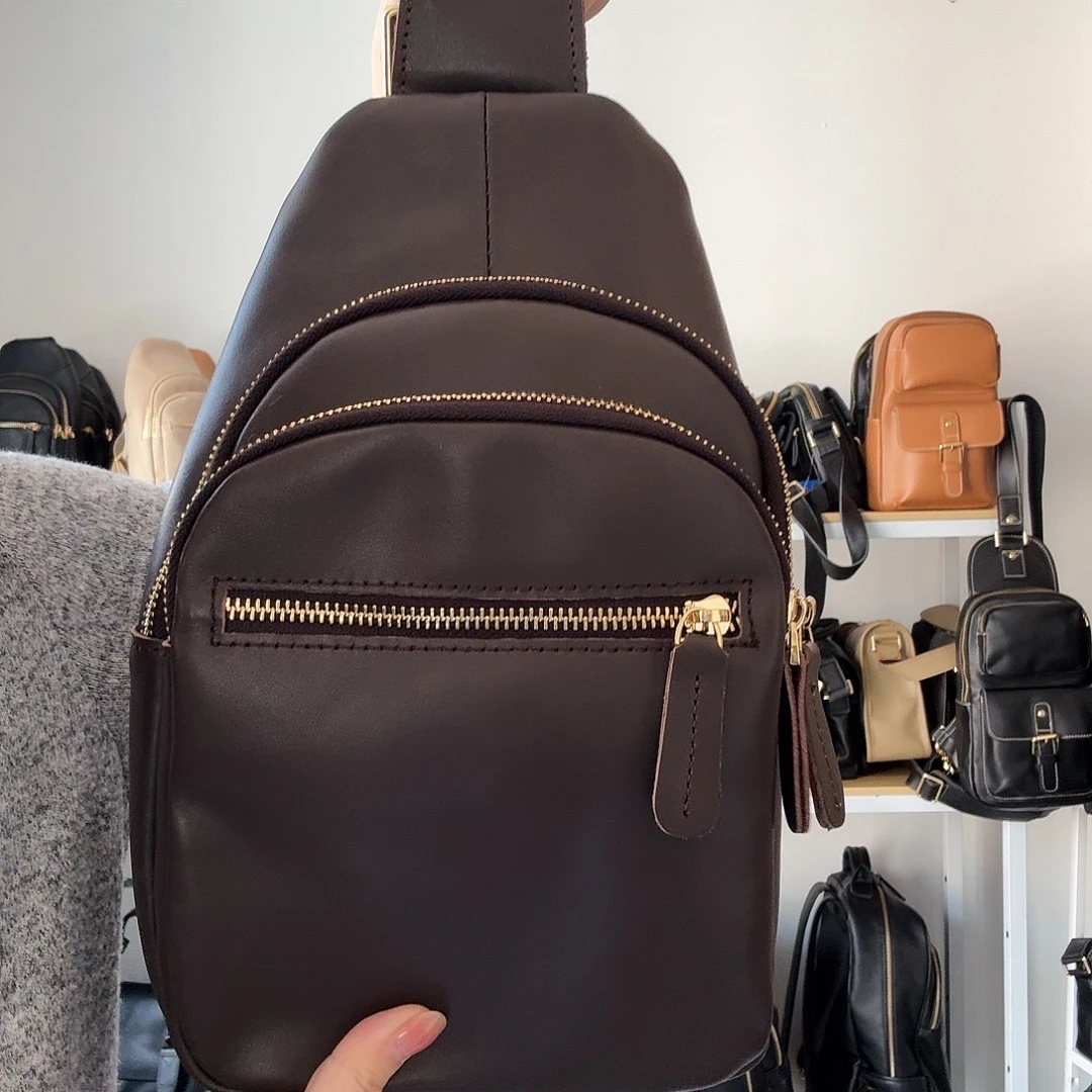 头层牛皮咖啡色胸包