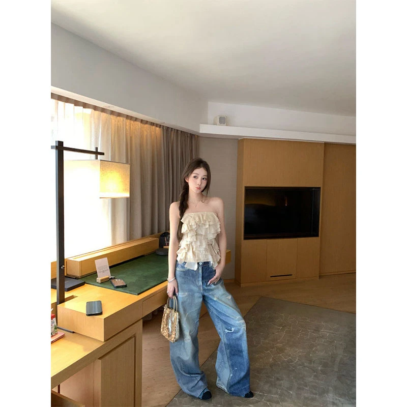 纯欲风气质辣妹时尚设计感荷叶边抹胸上衣高腰复古百搭休闲牛仔裤