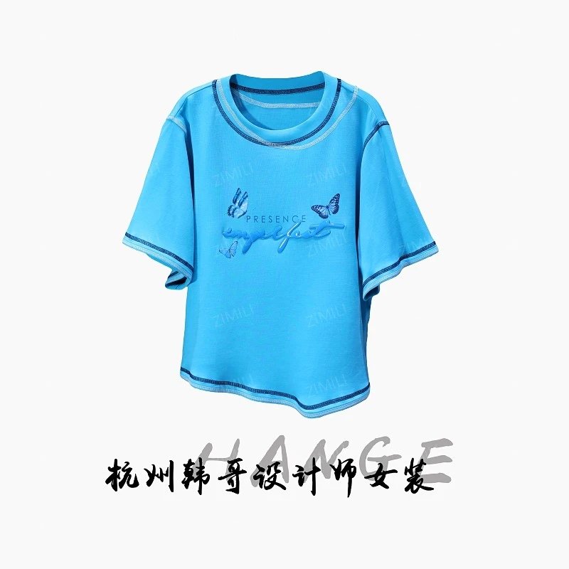 【韩哥女装】2025欧货设计师清新蓝蝴蝶印花时尚休闲短袖8251-C5